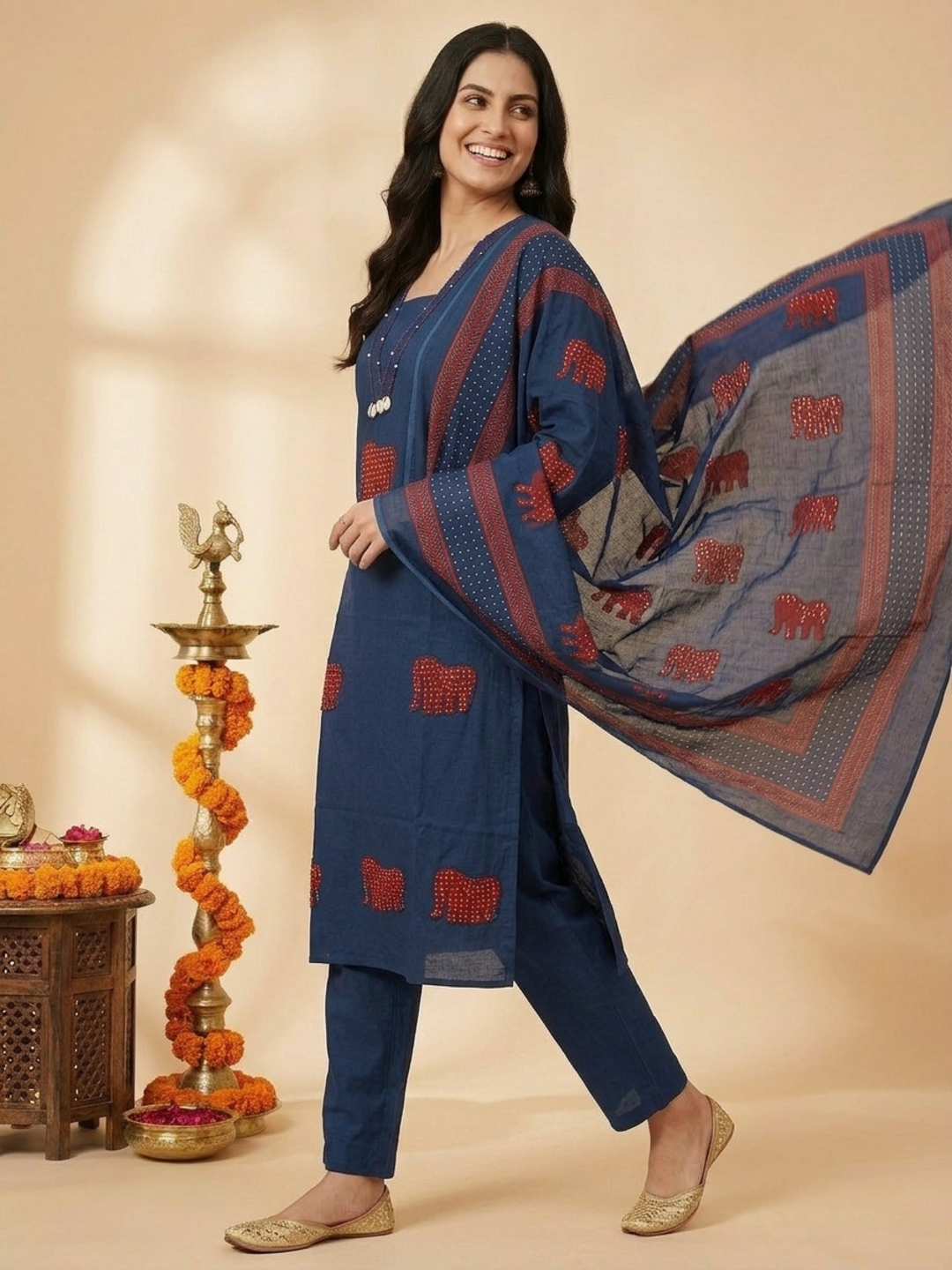 Blue Solid Cotton Straight Kurta Set with Kantha Work & Elephant Patchwork, Pant & Dupatta