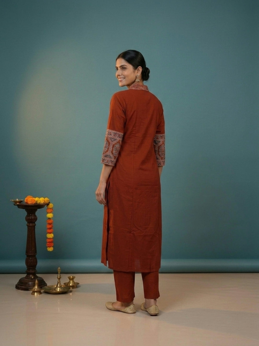Rust Ajrakh Print Cotton A-Line Kurta Set with Embroidered Yoke, Pant & Dupatta