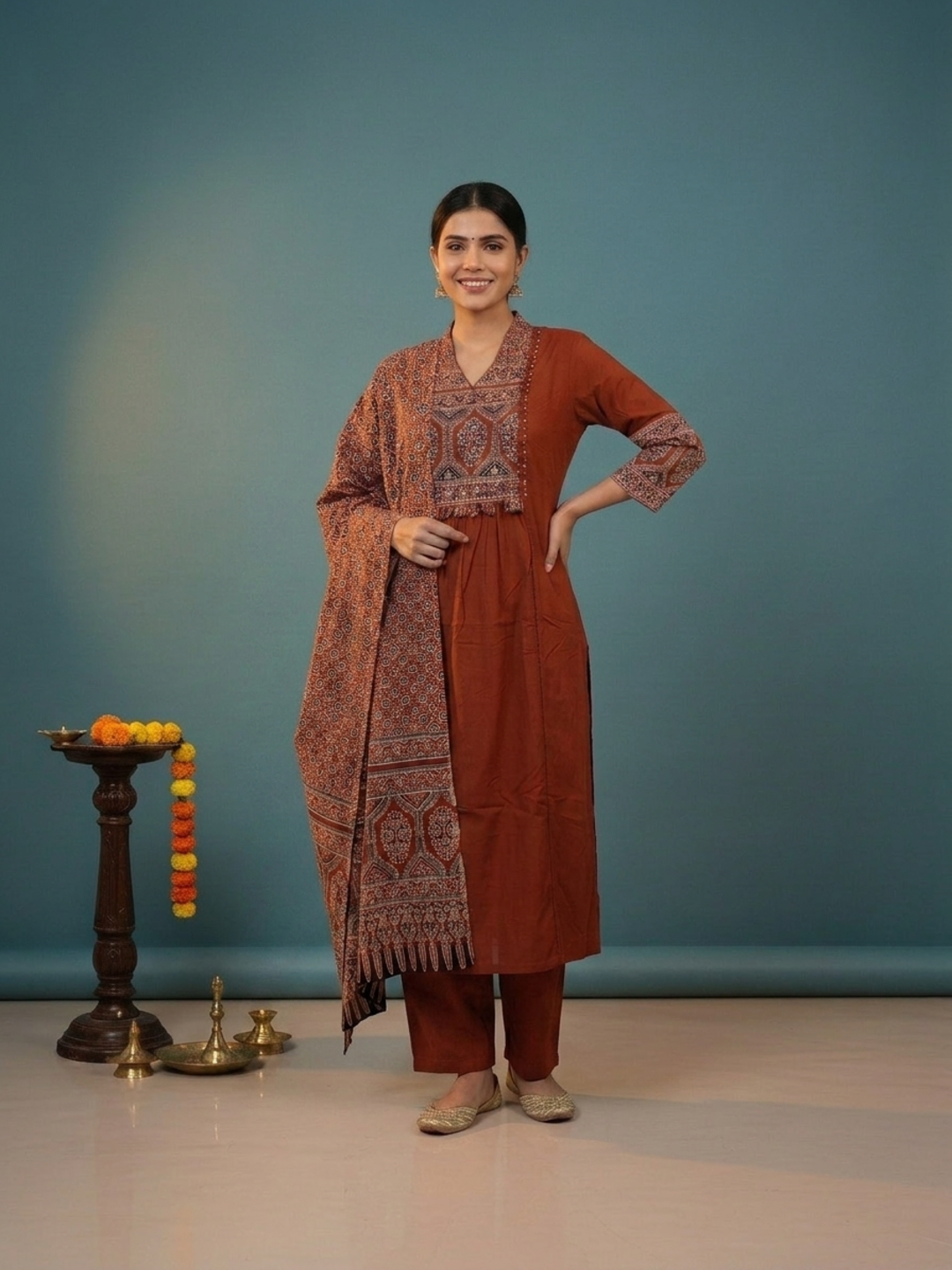 Rust Ajrakh Print Cotton A-Line Kurta Set with Embroidered Yoke, Pant & Dupatta