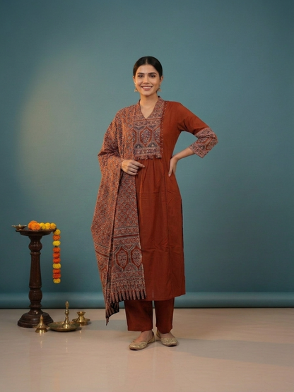 Rust Ajrakh Print Cotton A-Line Kurta Set with Embroidered Yoke, Pant & Dupatta