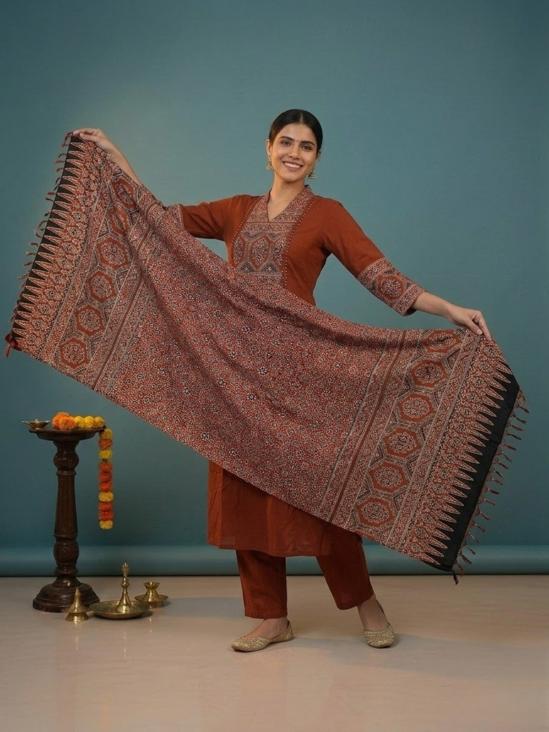 Rust Ajrakh Print Cotton A-Line Kurta Set with Embroidered Yoke, Pant & Dupatta