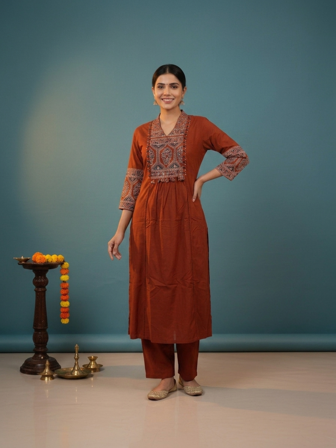 Rust Ajrakh Print Cotton A-Line Kurta Set with Embroidered Yoke, Pant & Dupatta
