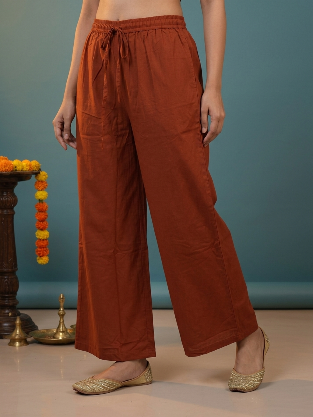 Rust Ajrakh Print Cotton A-Line Kurta Set with Embroidered Yoke, Pant & Dupatta