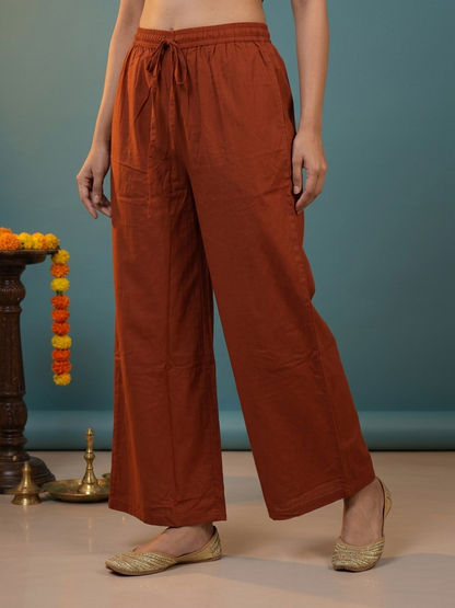 Rust Ajrakh Print Cotton A-Line Kurta Set with Embroidered Yoke, Pant & Dupatta