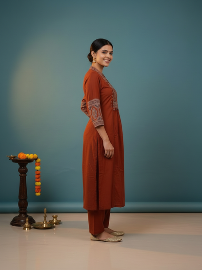 Rust Ajrakh Print Cotton A-Line Kurta Set with Embroidered Yoke, Pant & Dupatta