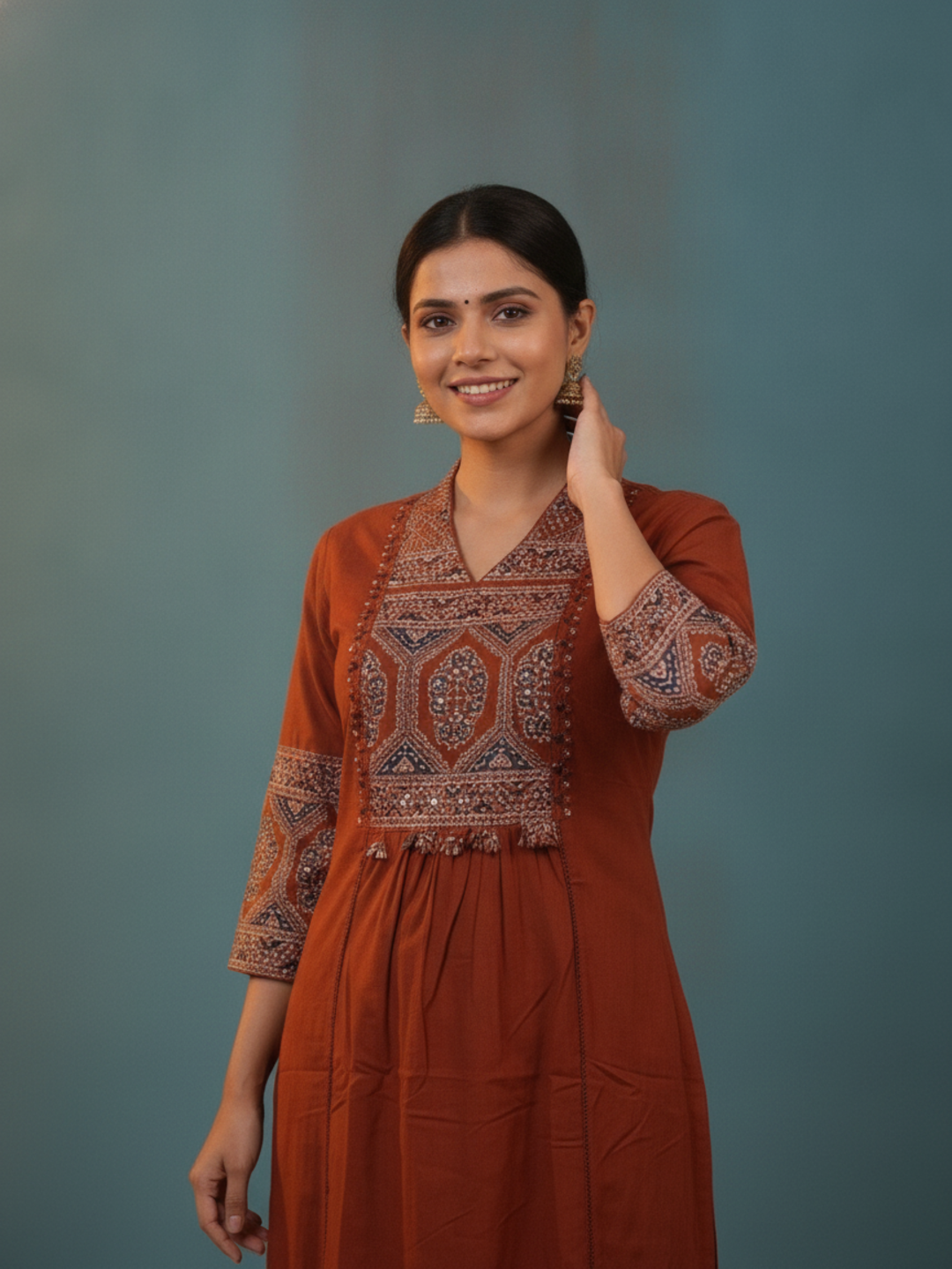 Rust Ajrakh Print Cotton A-Line Kurta Set with Embroidered Yoke, Pant & Dupatta
