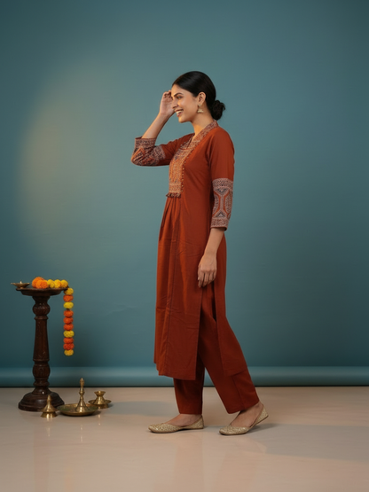 Rust Ajrakh Print Cotton A-Line Kurta Set with Embroidered Yoke, Pant & Dupatta