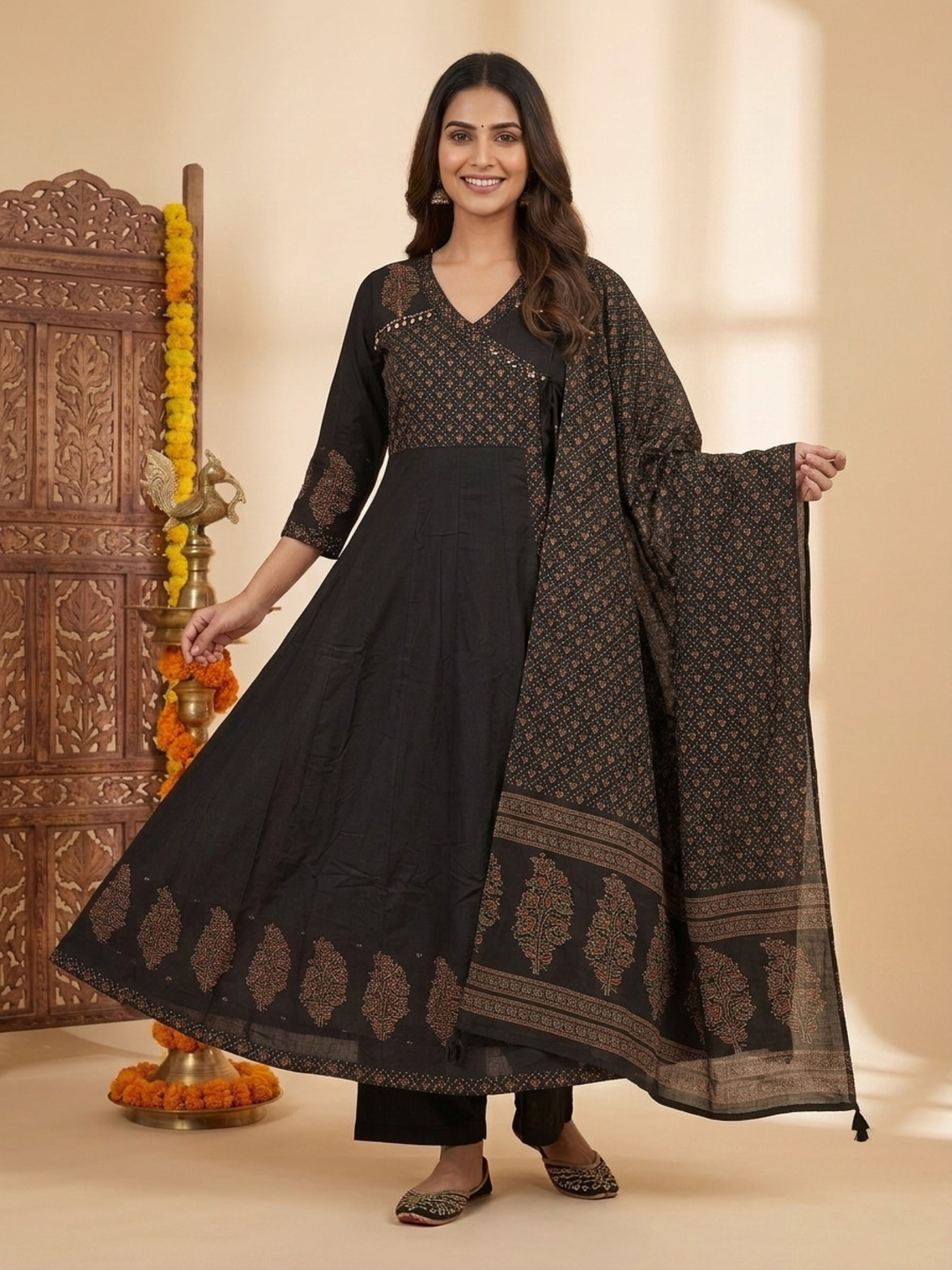 Charcoal Black Floral Block Print Cotton Anarkali Kurta Set with Beadwork, Palazzo & Dupatta