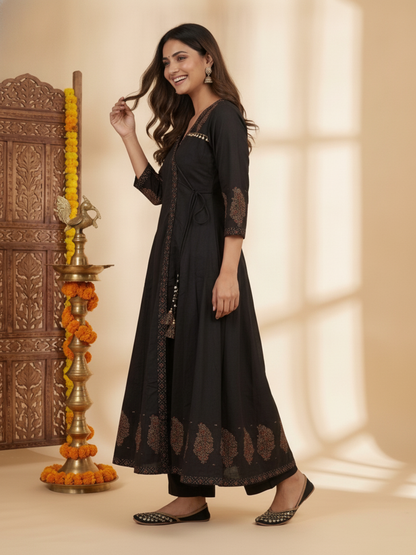 Charcoal Black Floral Block Print Cotton Anarkali Kurta Set with Beadwork, Palazzo & Dupatta