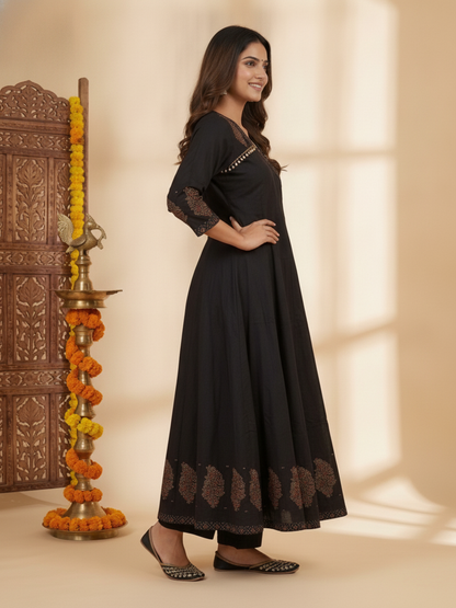 Charcoal Black Floral Block Print Cotton Anarkali Kurta Set with Beadwork, Palazzo & Dupatta