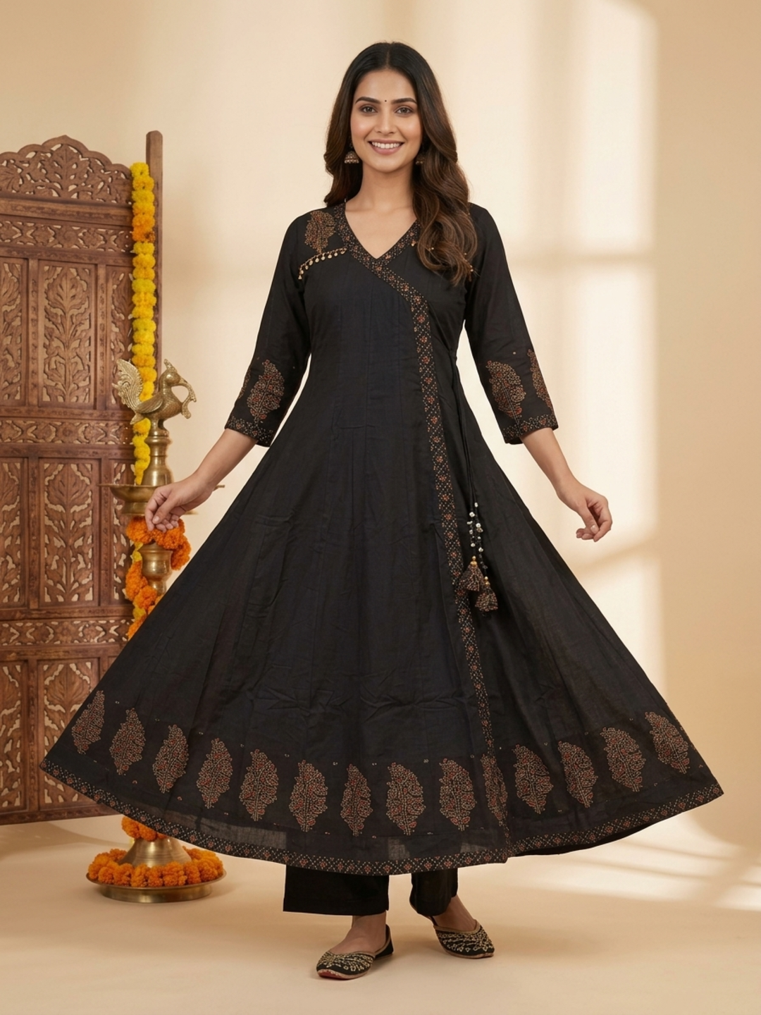 Charcoal Black Floral Block Print Cotton Anarkali Kurta Set with Beadwork, Palazzo & Dupatta