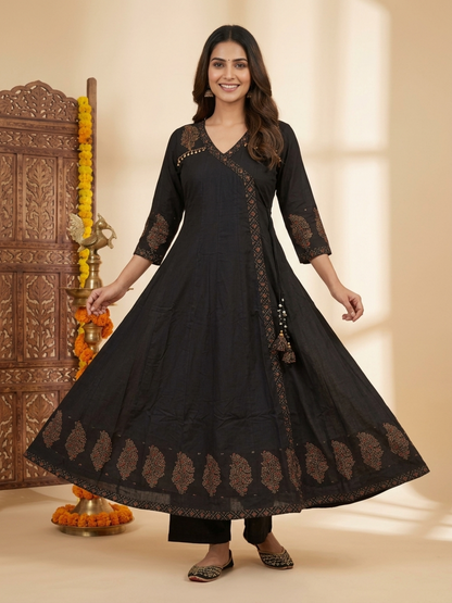 Charcoal Black Floral Block Print Cotton Anarkali Kurta Set with Beadwork, Palazzo & Dupatta