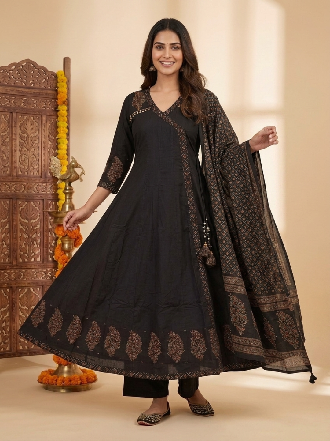 Charcoal Black Floral Block Print Cotton Anarkali Kurta Set with Beadwork, Palazzo & Dupatta