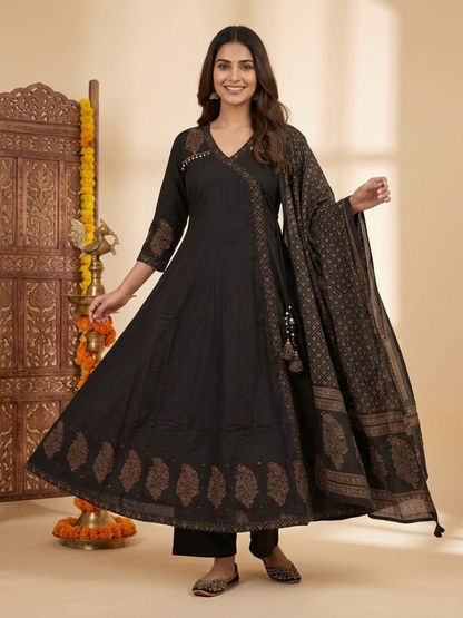 Charcoal Black Floral Block Print Cotton Anarkali Kurta Set with Beadwork, Palazzo & Dupatta