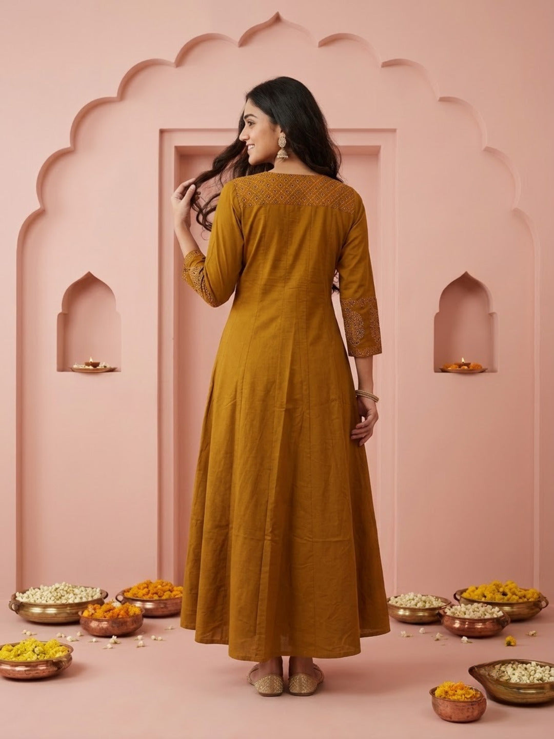 Mustard Floral & Ethnic Print Cotton Anarkali Kurta Set with Mirror Work, Palazzo & Dupatta