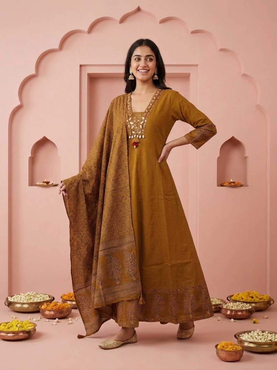 Mustard Floral & Ethnic Print Cotton Anarkali Kurta Set with Mirror Work, Palazzo & Dupatta