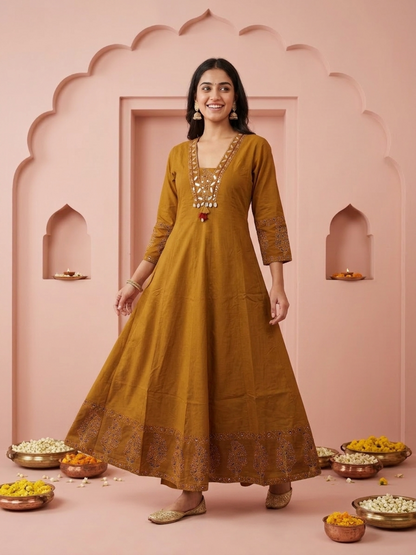 Mustard Floral & Ethnic Print Cotton Anarkali Kurta Set with Mirror Work, Palazzo & Dupatta