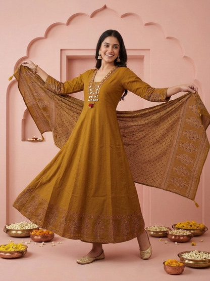 Mustard Floral & Ethnic Print Cotton Anarkali Kurta Set with Mirror Work, Palazzo & Dupatta