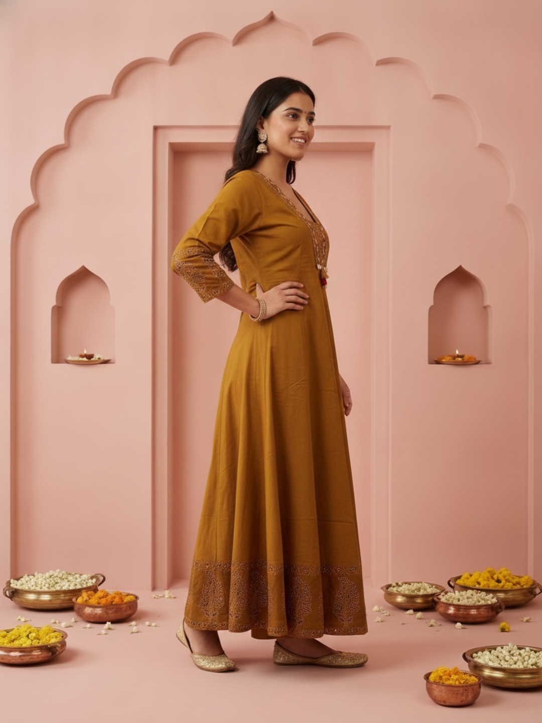 Mustard Floral & Ethnic Print Cotton Anarkali Kurta Set with Mirror Work, Palazzo & Dupatta