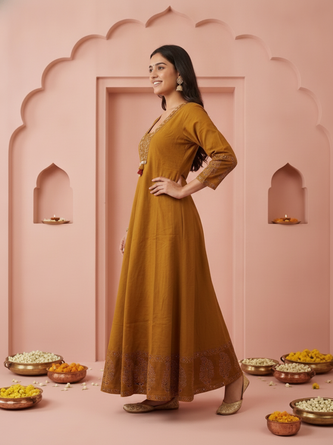 Mustard Floral & Ethnic Print Cotton Anarkali Kurta Set with Mirror Work, Palazzo & Dupatta