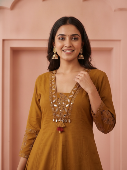 Mustard Floral & Ethnic Print Cotton Anarkali Kurta Set with Mirror Work, Palazzo & Dupatta