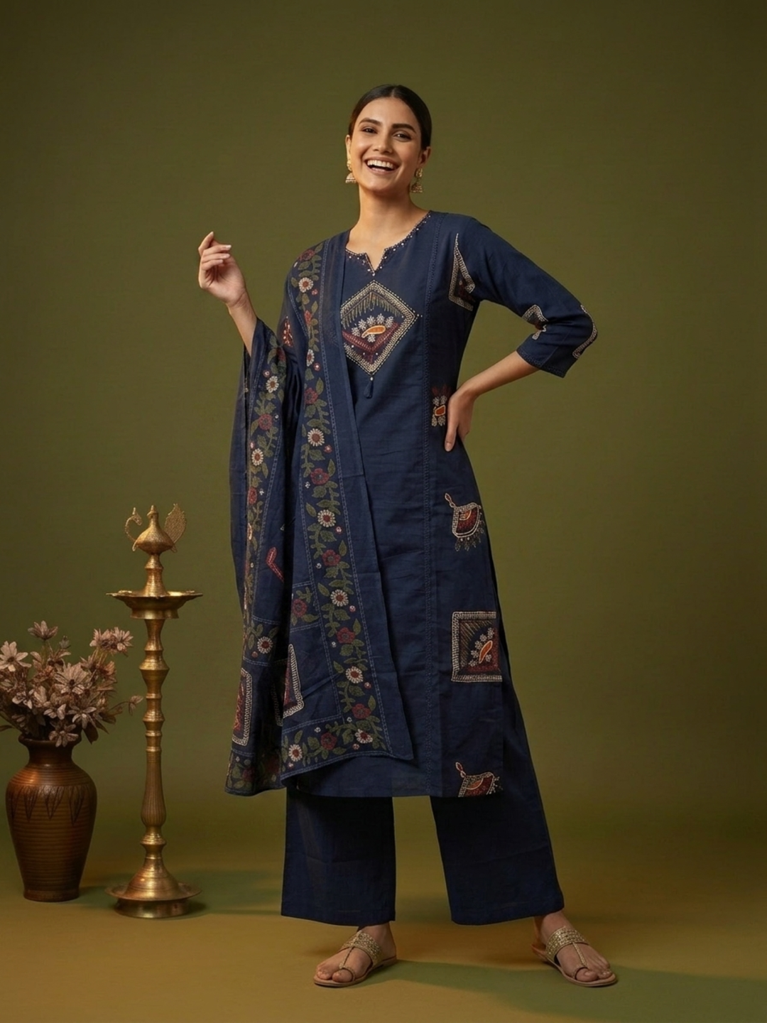 Navy Blue Abstract Floral Print Cotton Straight Kurta Set with Mirror Work, Palazzo & Dupatta