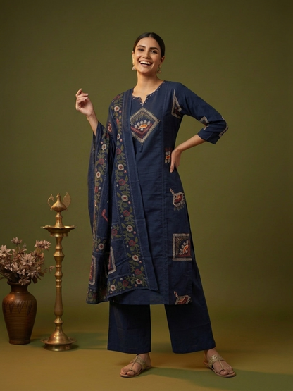 Navy Blue Abstract Floral Print Cotton Straight Kurta Set with Mirror Work, Palazzo & Dupatta