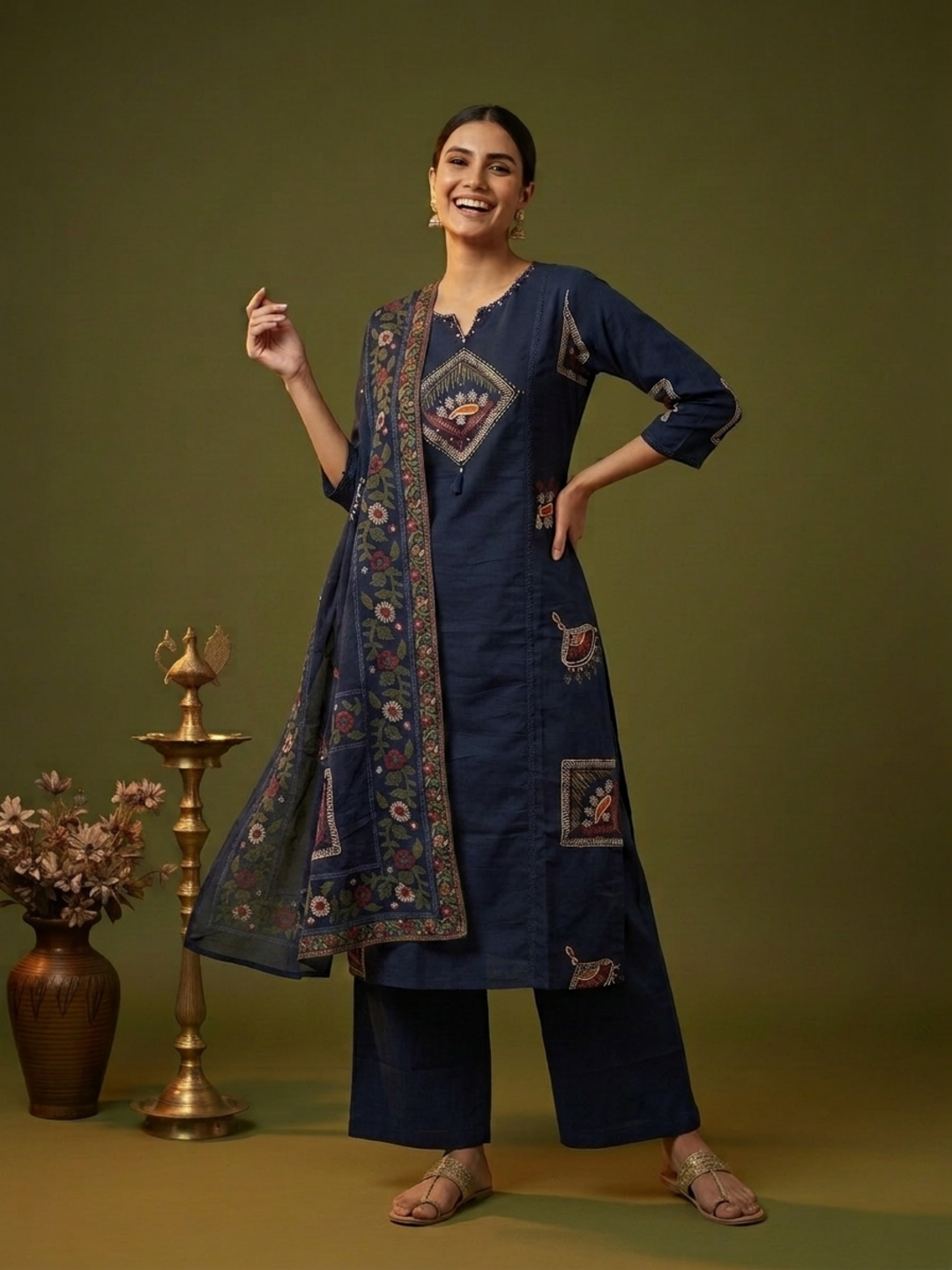 Navy Blue Abstract Floral Print Cotton Straight Kurta Set with Mirror Work, Palazzo & Dupatta