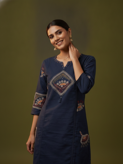 Navy Blue Abstract Floral Print Cotton Straight Kurta Set with Mirror Work, Palazzo & Dupatta