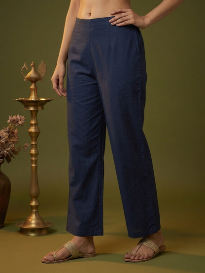 Navy Blue Abstract Floral Print Cotton Straight Kurta Set with Mirror Work, Palazzo & Dupatta