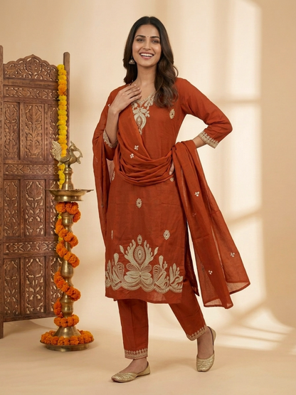 Rust Solid Cotton Straight Kurta Set with Floral Dori Embroidery, Pant & Dupatta