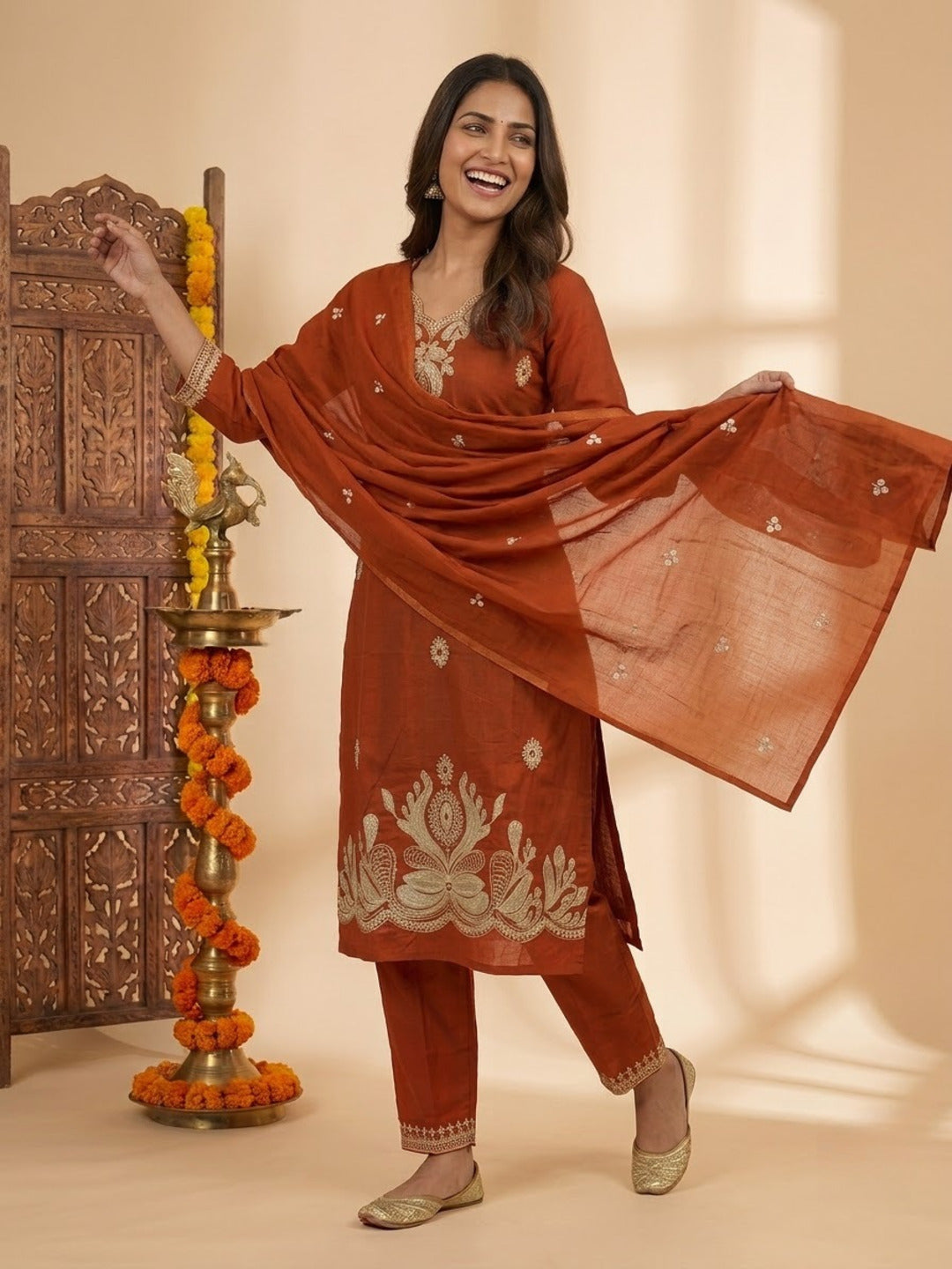 Rust Solid Cotton Straight Kurta Set with Floral Dori Embroidery, Pant & Dupatta
