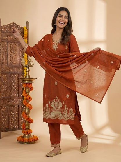 Rust Solid Cotton Straight Kurta Set with Floral Dori Embroidery, Pant & Dupatta