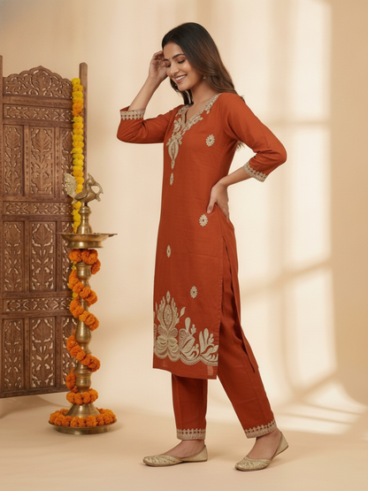 Rust Solid Cotton Straight Kurta Set with Floral Dori Embroidery, Pant & Dupatta