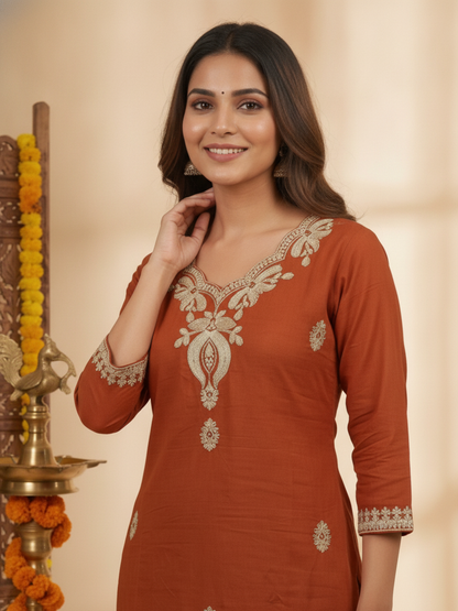 Rust Solid Cotton Straight Kurta Set with Floral Dori Embroidery, Pant & Dupatta