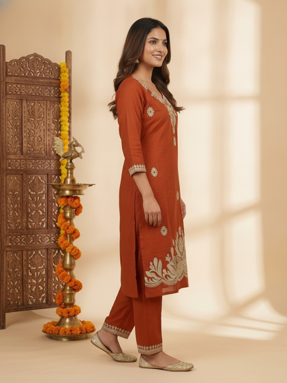 Rust Solid Cotton Straight Kurta Set with Floral Dori Embroidery, Pant & Dupatta