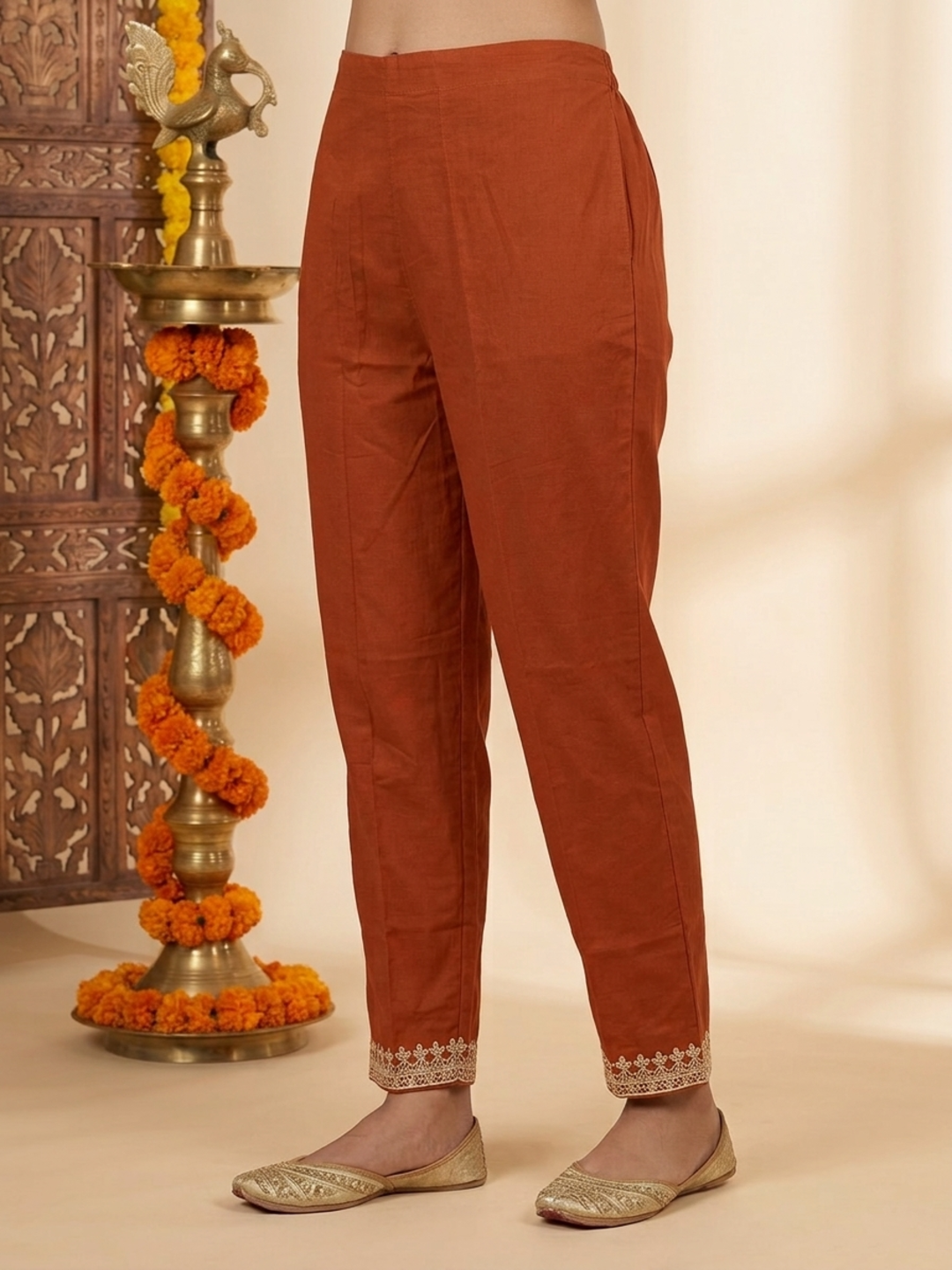 Rust Solid Cotton Straight Kurta Set with Floral Dori Embroidery, Pant & Dupatta