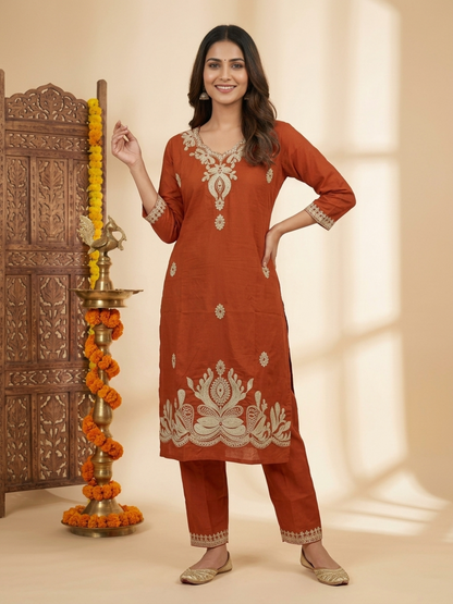 Rust Solid Cotton Straight Kurta Set with Floral Dori Embroidery, Pant & Dupatta
