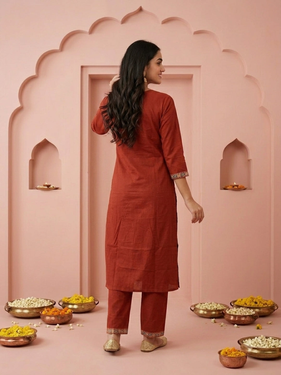 Rust Solid Cotton Straight Kurta Set with Ethnic Mirror Work Embroidery, Pant & Dupatta