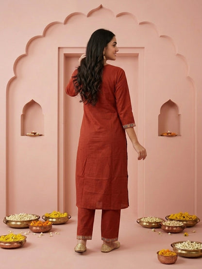 Rust Solid Cotton Straight Kurta Set with Ethnic Mirror Work Embroidery, Pant & Dupatta