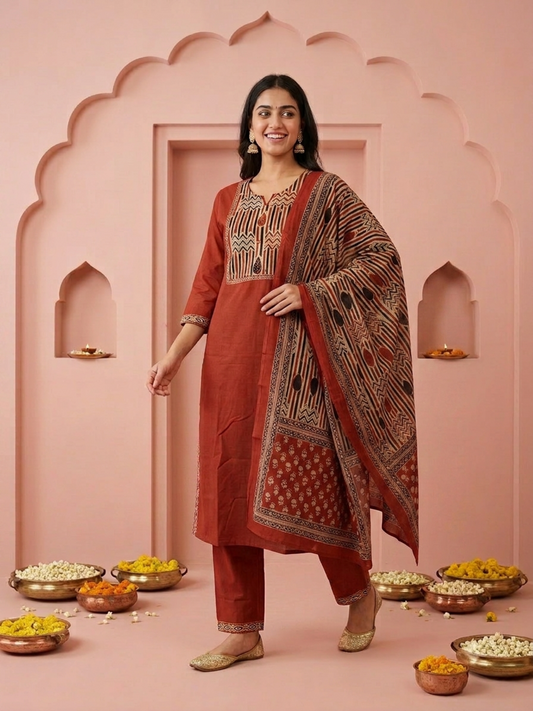 Rust Solid Cotton Straight Kurta Set with Ethnic Mirror Work Embroidery, Pant & Dupatta