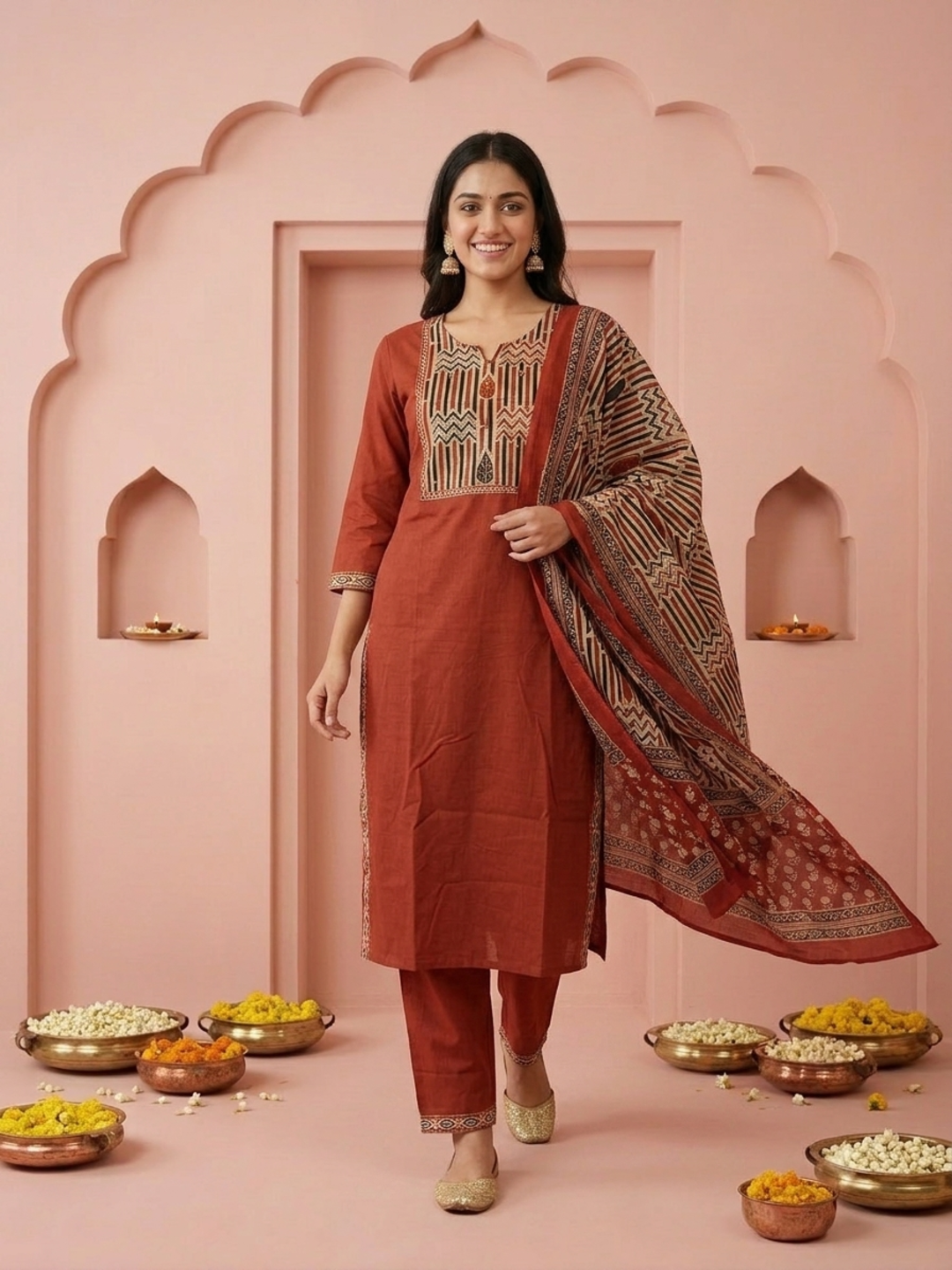 Rust Solid Cotton Straight Kurta Set with Ethnic Mirror Work Embroidery, Pant & Dupatta