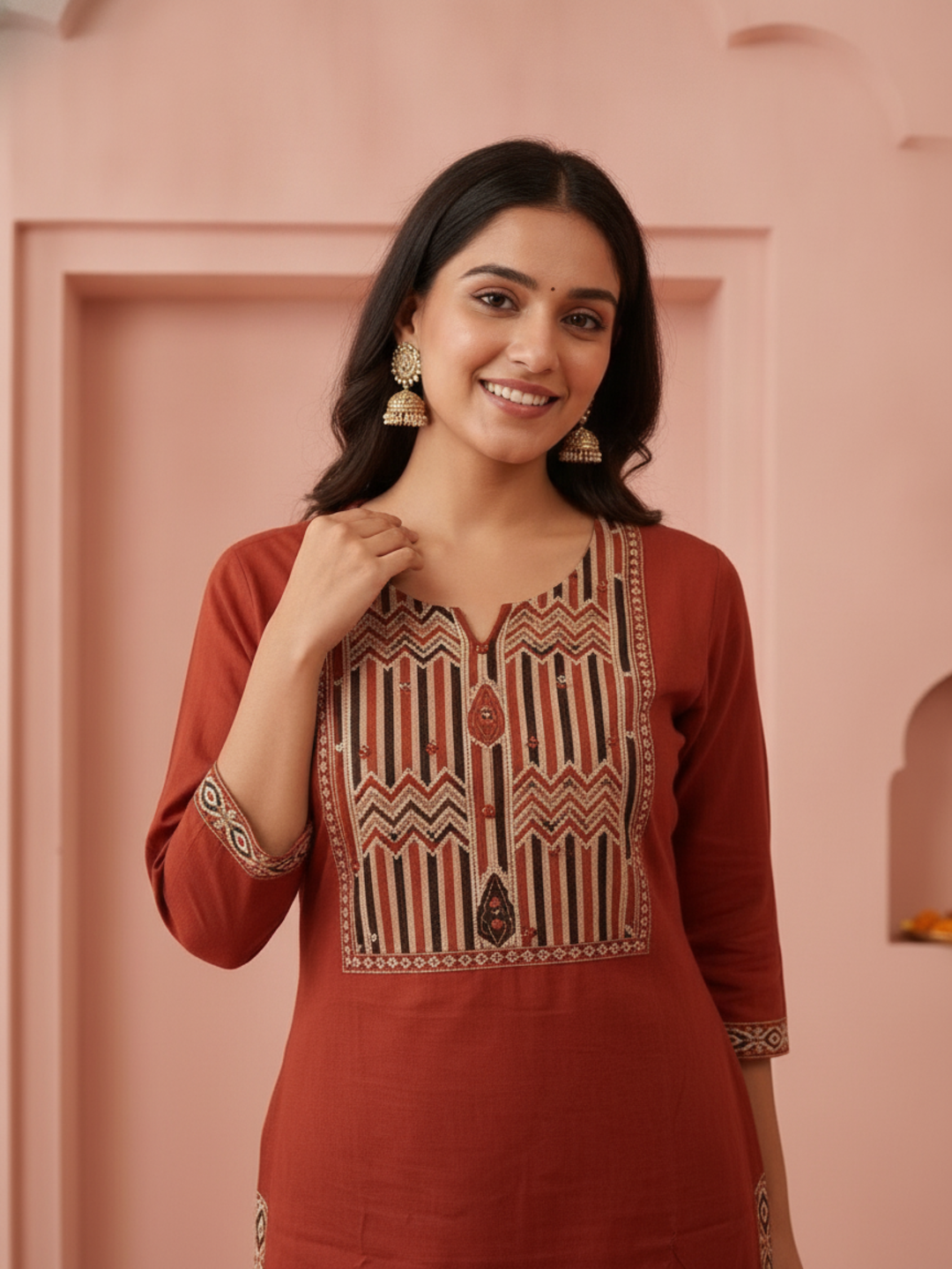 Rust Solid Cotton Straight Kurta Set with Ethnic Mirror Work Embroidery, Pant & Dupatta