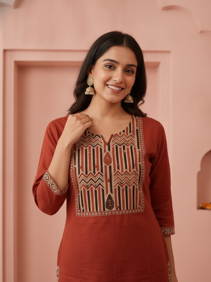 Rust Solid Cotton Straight Kurta Set with Ethnic Mirror Work Embroidery, Pant & Dupatta