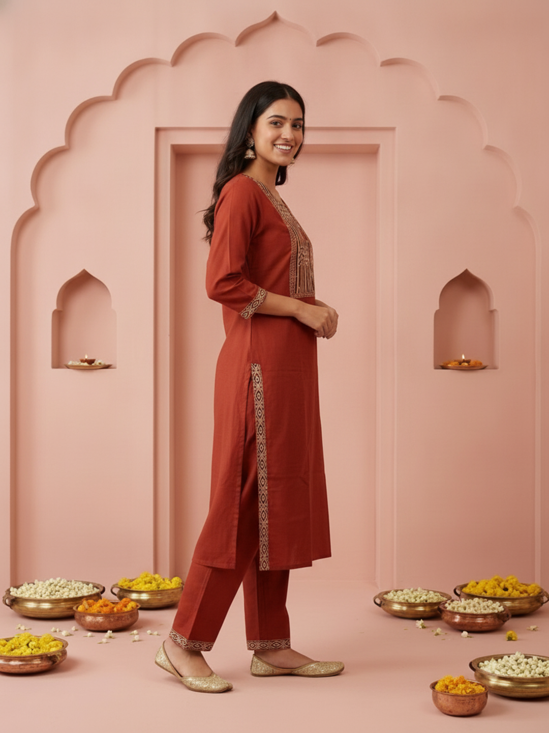 Rust Solid Cotton Straight Kurta Set with Ethnic Mirror Work Embroidery, Pant & Dupatta