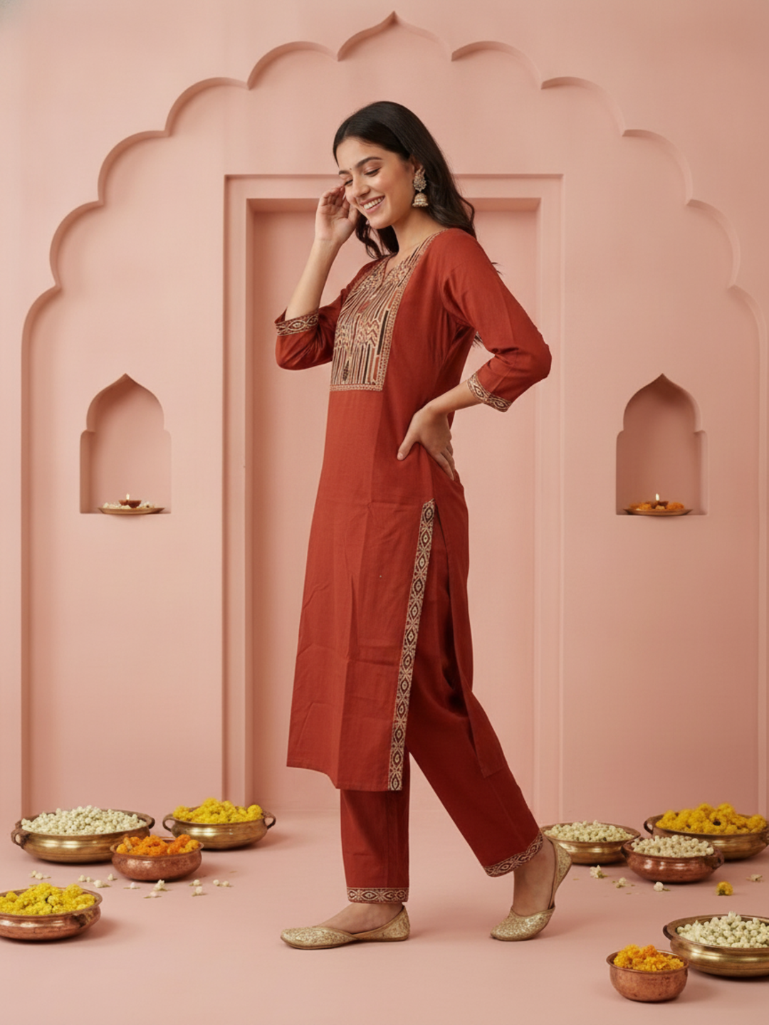Rust Solid Cotton Straight Kurta Set with Ethnic Mirror Work Embroidery, Pant & Dupatta
