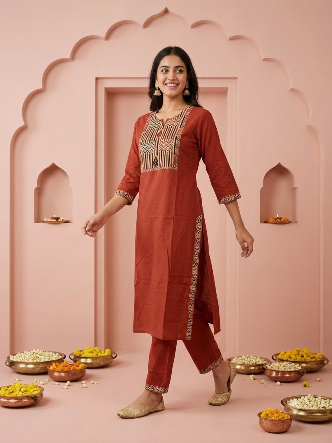 Rust Solid Cotton Straight Kurta Set with Ethnic Mirror Work Embroidery, Pant & Dupatta