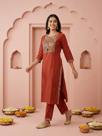 Rust Solid Cotton Straight Kurta Set with Ethnic Mirror Work Embroidery, Pant & Dupatta
