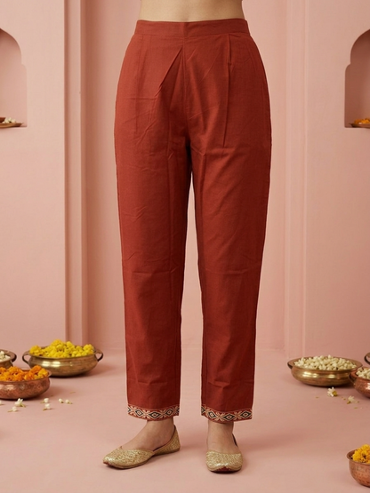 Rust Solid Cotton Straight Kurta Set with Ethnic Mirror Work Embroidery, Pant & Dupatta
