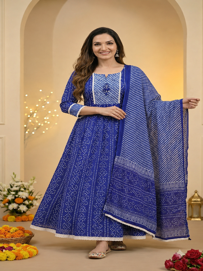 Indigo Blue Bandhani Lehariya Print Cotton Anarkali Kurta Set with Pant & Dupatta